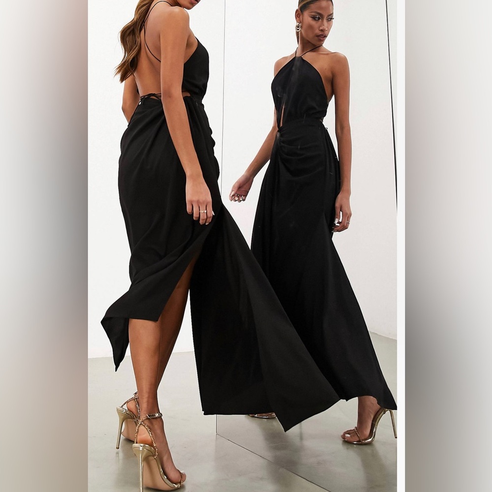 ASOS drape halter midi dress with tie detail in black